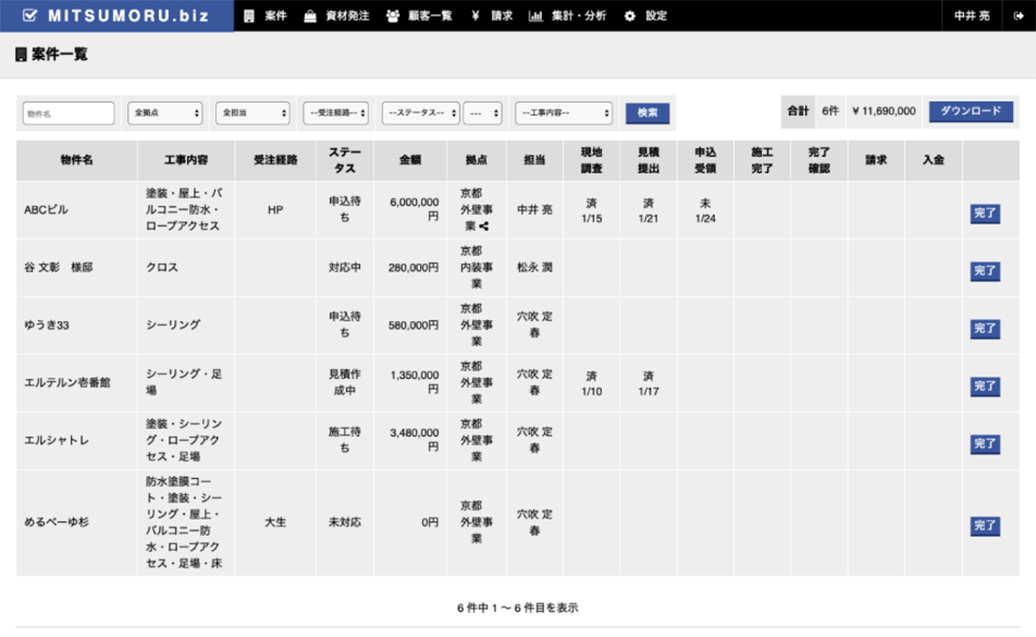 一眼で状況がわかる案件一覧画面